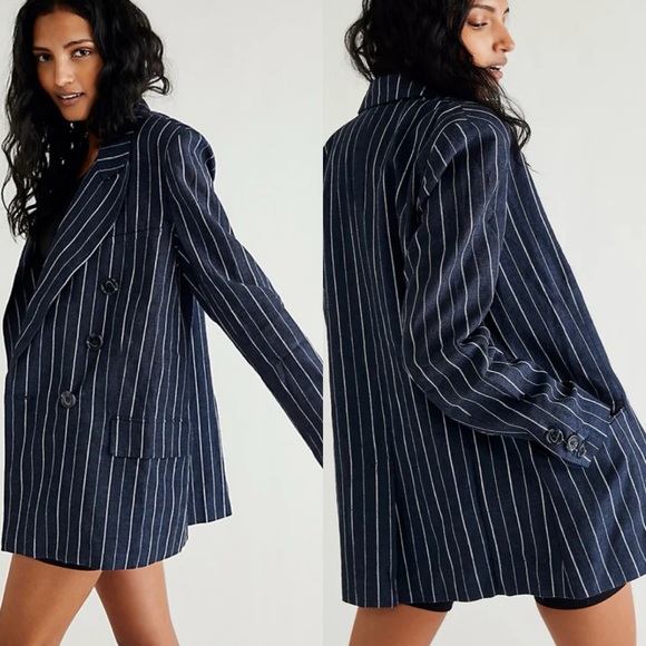Free People | Ashby Double Breasted Blazer in Navy Pinstripe XS - Picture 8 of 10